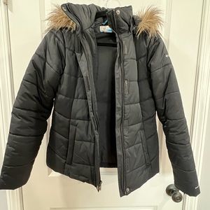 Black Columbia puffer jacket with hood. Size small
